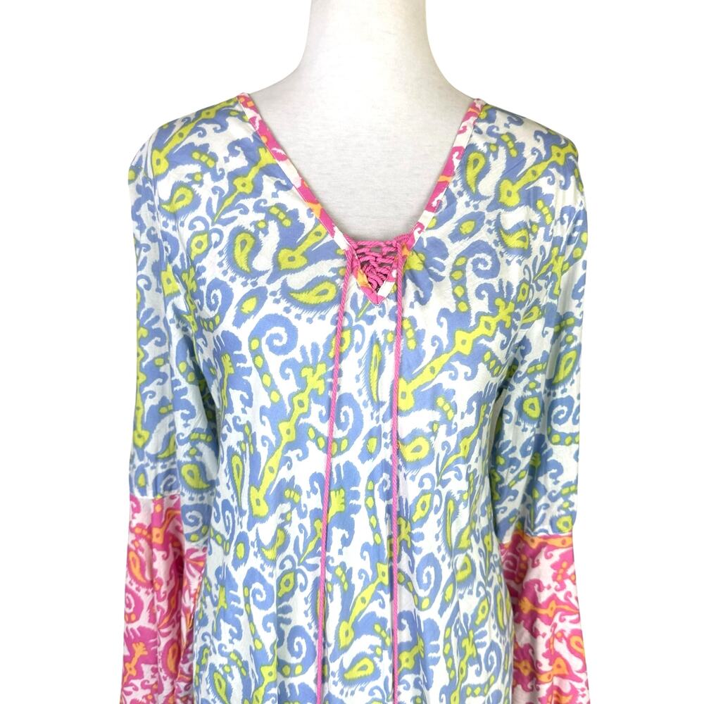 Z&L Pink Blue Ornamental Paisley Colorful Bell Sleeve Coverup Tunic Mini Dress - Picture 4 of 13